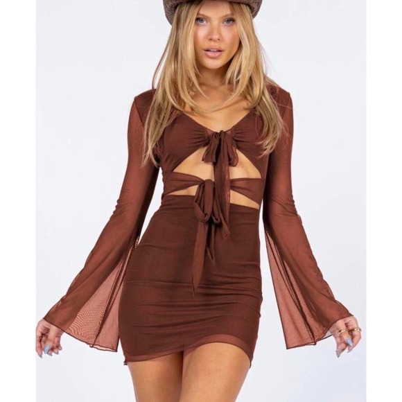 Princess Polly Dresses & Skirts - Euphoria Princess Polly Brown Mesh Y2K Cut Out Bell Sleeve Mini Dress US 6